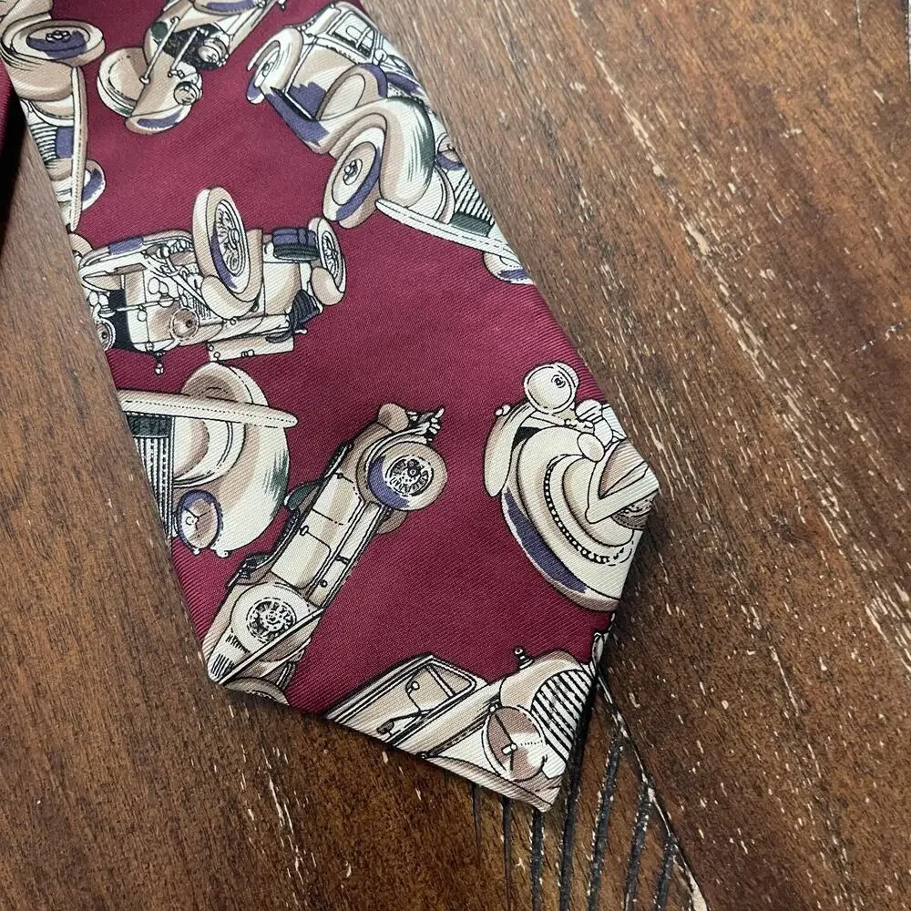 Christian Dior Tie Mens One Size Red Silk Classic Car Print Made USA Necktie